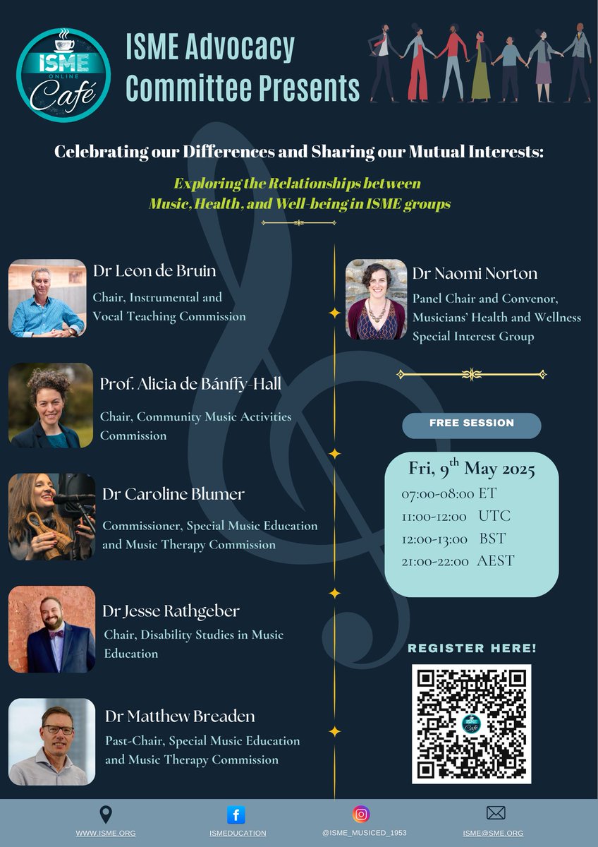 🎶 ISME Online Café → May 9
Topic: Music, Health &amp; Well-being in ISME Groups
🕒 11:00 UTC | FREE session

Hosted by the Musicians’ Health &amp; Wellness SIG w/ expert panelists across ISME 🌍

🔗 Register: us06web.zoom.us/meeting/regist…
#ISME2025 #MusicEducation #MusicHeals #ISMEOnlineCafe