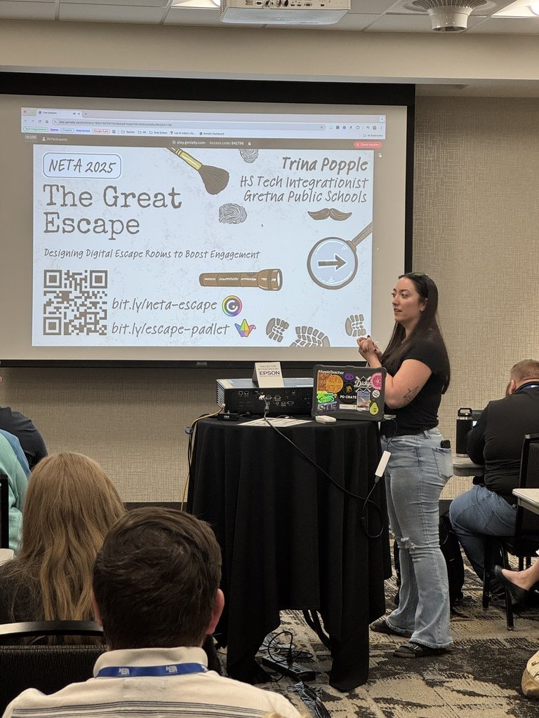 Trina Popple, Instructional Tech Coach at GEHS and GHS, presented “The Great Escape” at #NETA2025, sharing how digital escape rooms built with Genially can boost student engagement. Full room, great ideas. #BeGretnaGreat #EdTech #DigitalLearning #GretnaPublicSchools