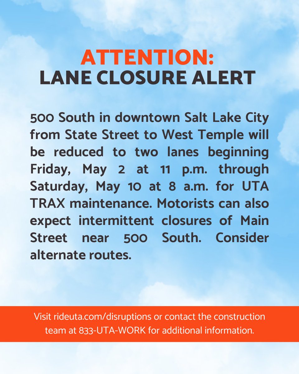 🚧 Lane closures begin this weekend on 500 South in downtown SLC. WB 500 South between State St, and West Temple will be reduced to two lanes from Friday, May 2 at 11 p.m. through Saturday, May 10 at 8 a.m. for UTA TRAX maintenance. Plan ahead. More info: rideuta.com/disruptions