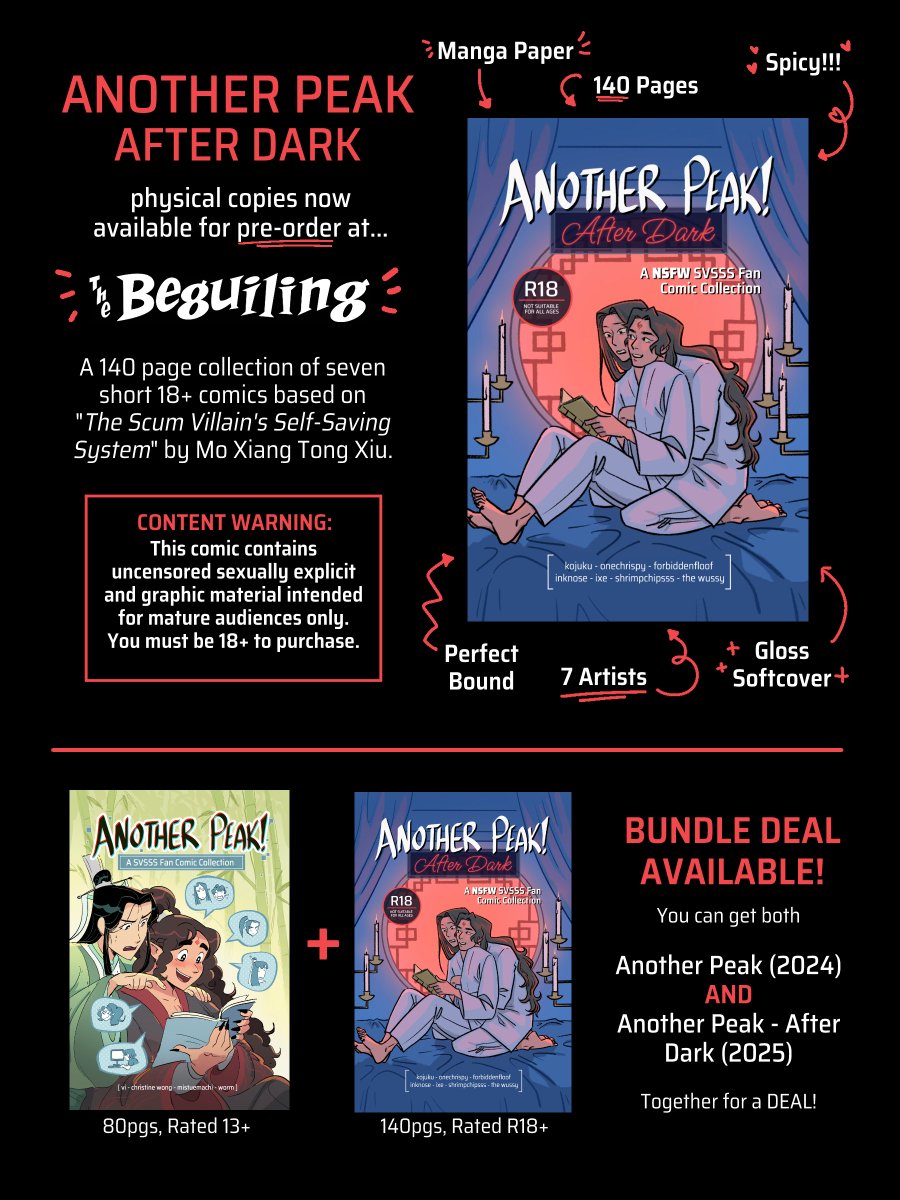 TheBeguiling's tweet image. Pre-orders for &quot;Another Peak - AFTER DARK&quot; are now open! This NSFW 140 page SVSSS fancomic anthology features 7 smutty comics by kojuku, onechrispy, forbiddenfloof, inknose, ixe, shrimpchipsss, and the wussy. Pre-orders are open from now until June 1st. Link &amp;amp; more info in 🧵!