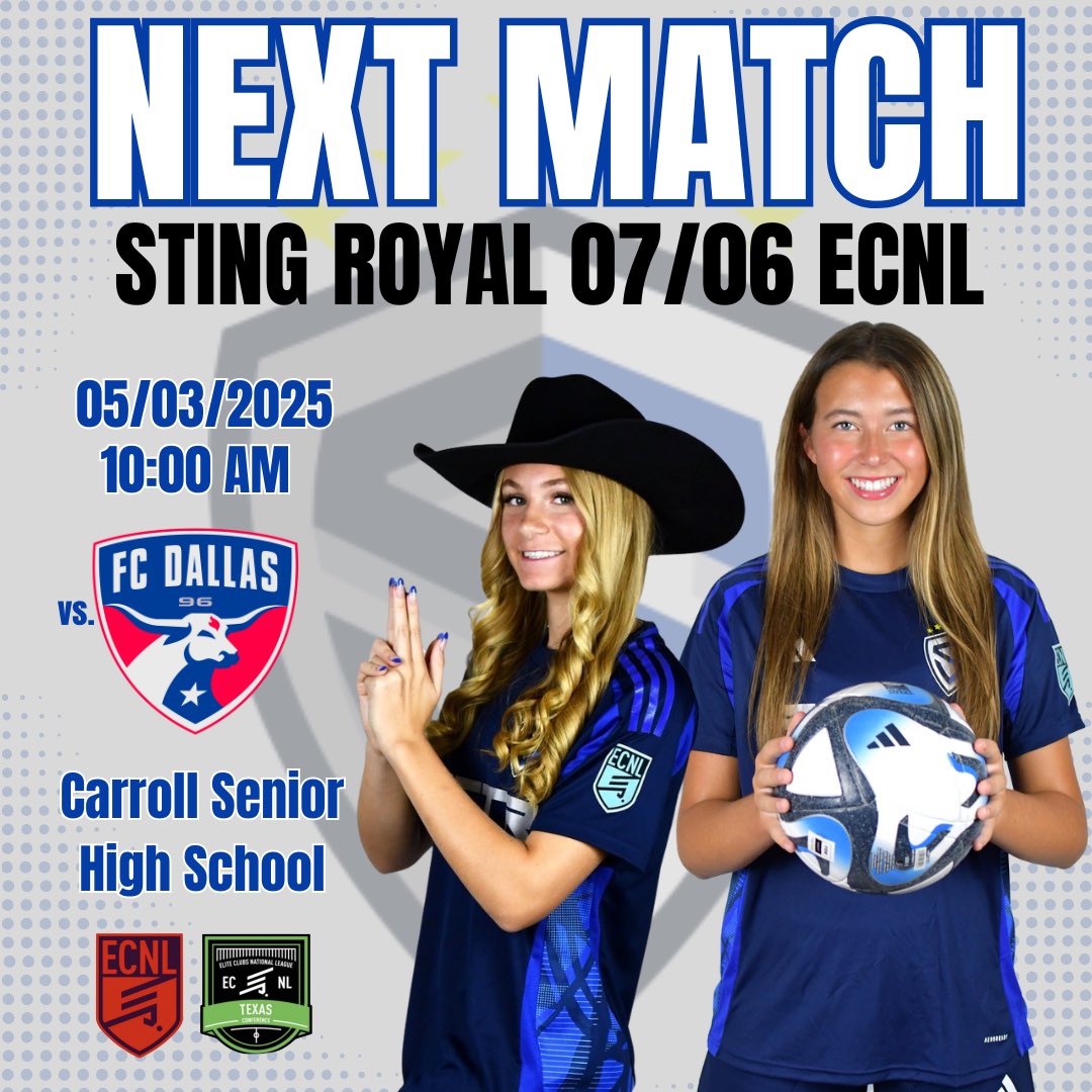Sting Royal 07/06G ECNL (@stngroyal06ecnl) on Twitter photo Looking forward to another <a href="/ECNLgirls/">ECNL Girls</a> competitive match
๐๐ช๐ผ
<a href="/RockyMonk8/">Rocky Monk</a> <a href="/StingSoccerClub/">Sting Soccer Club</a> <a href="/ImYouthSoccer/">ECNL/GA/Recruiting/College Soccer</a> <a href="/TopDrawerSoccer/">TopDrawerSoccer</a> <a href="/PrepSoccerTX/">Prep Soccer Texas</a> <a href="/TheSoccerWire/">SoccerWire</a> Looking forward to another <a href="/ECNLgirls/">ECNL Girls</a> competitive match
๐๐ช๐ผ
<a href="/RockyMonk8/">Rocky Monk</a> <a href="/StingSoccerClub/">Sting Soccer Club</a> <a href="/ImYouthSoccer/">ECNL/GA/Recruiting/College Soccer</a> <a href="/TopDrawerSoccer/">TopDrawerSoccer</a> <a href="/PrepSoccerTX/">Prep Soccer Texas</a> <a href="/TheSoccerWire/">SoccerWire</a>