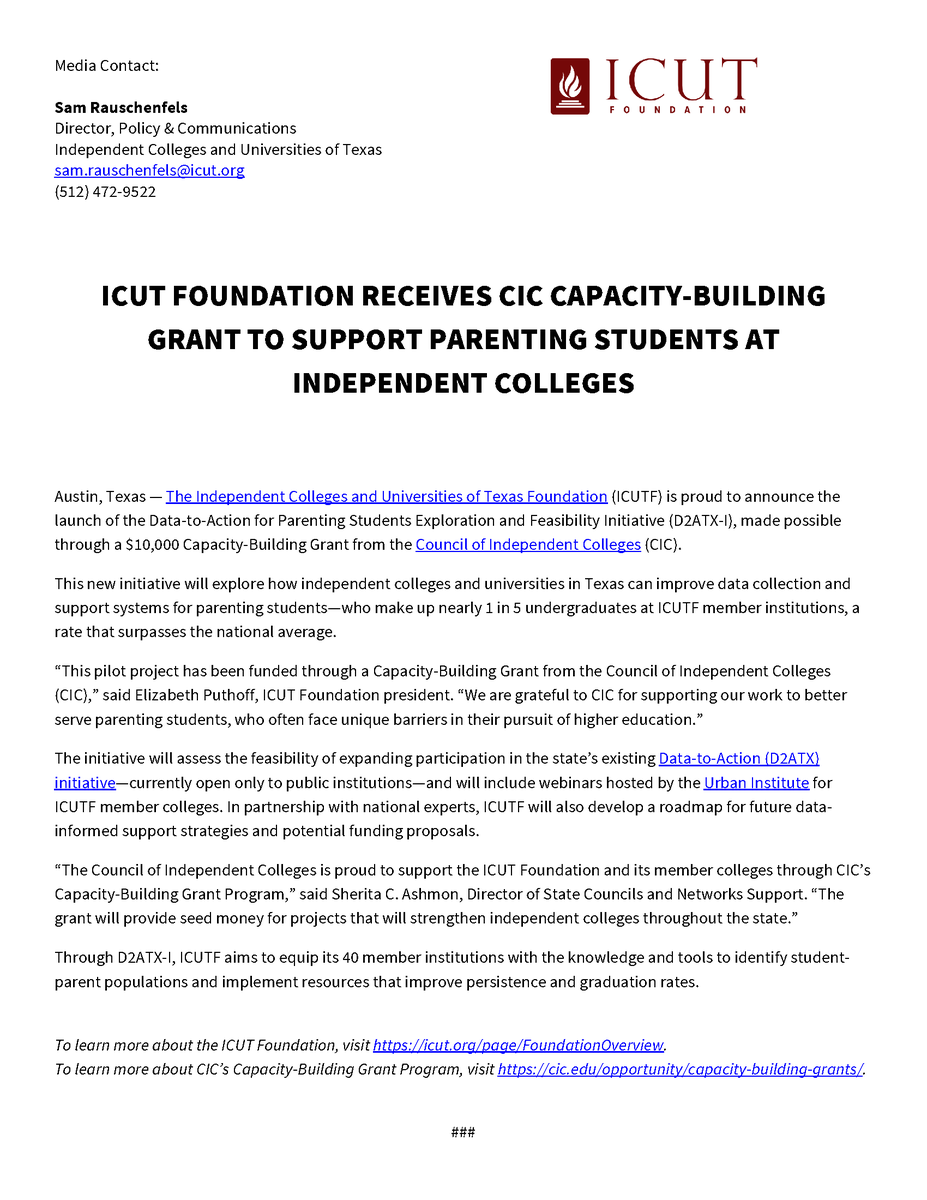 We’re launching a new initiative to support parenting students at TX independent colleges—made possible by a Capacity-Building Grant from @CICNotes!

Thank you, CIC, for helping us explore how to expand the powerful D2ATX model to ICUTF schools. #Texas #HigherEd #StudentParents