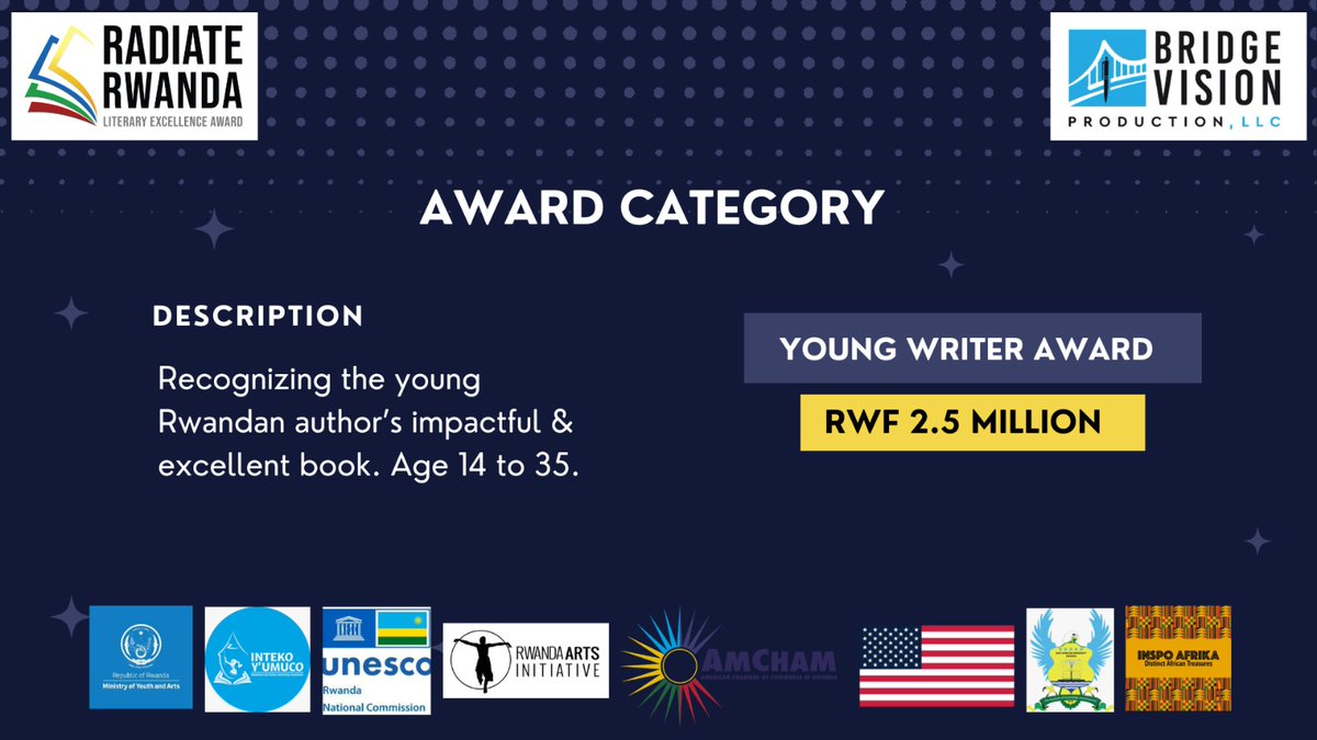 Calling on writers/publishers to identify their categories and submit their application for the 2025 Radiate Rwanda Literary Excellence Awards. 📚 🏆