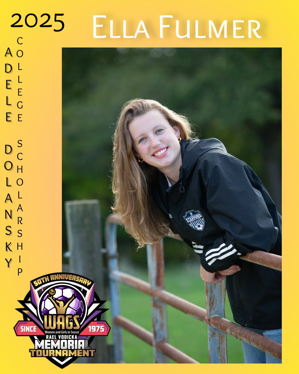 WAGS Tournament Adele Dolansky Scholarship recipient! 
Meet Ella Fulmer!
Ella played for Stafford Soccer -Stafford Revolution ECNL RL G07/06 and will be continuing her journey this fall at the University of Lynchburg. 
Congratulations Ella! 
#WAGS50YearsGold