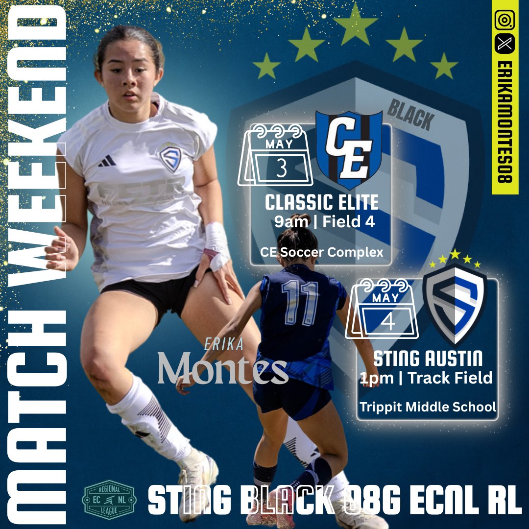 Erika Montes (@erikamontes08) on Twitter photo We are back on the pitch and traveling this weekend to challenge Classic Elite and Sting Austin!
📍🗓️⏰⬇️
<a href="/ECNL_RL_08/">Sting 08 Black ECNL RL</a> <a href="/StingSoccerClub/">Sting Soccer Club</a> <a href="/tomas_boyle5/">Tomás Boyle</a> <a href="/DylanAsher_2/">Dylan Asher</a> <a href="/ECNLgirls/">ECNL Girls</a> <a href="/ImYouthSoccer/">ECNL/GA/Recruiting/College Soccer</a> <a href="/ImCollegeSoccer/">College Soccer Truth ™</a> <a href="/PrepSoccer/">Prep Soccer ⚽️</a> <a href="/PrepSoccerTX/">Prep Soccer Texas</a> We are back on the pitch and traveling this weekend to challenge Classic Elite and Sting Austin!
📍🗓️⏰⬇️
<a href="/ECNL_RL_08/">Sting 08 Black ECNL RL</a> <a href="/StingSoccerClub/">Sting Soccer Club</a> <a href="/tomas_boyle5/">Tomás Boyle</a> <a href="/DylanAsher_2/">Dylan Asher</a> <a href="/ECNLgirls/">ECNL Girls</a> <a href="/ImYouthSoccer/">ECNL/GA/Recruiting/College Soccer</a> <a href="/ImCollegeSoccer/">College Soccer Truth ™</a> <a href="/PrepSoccer/">Prep Soccer ⚽️</a> <a href="/PrepSoccerTX/">Prep Soccer Texas</a>