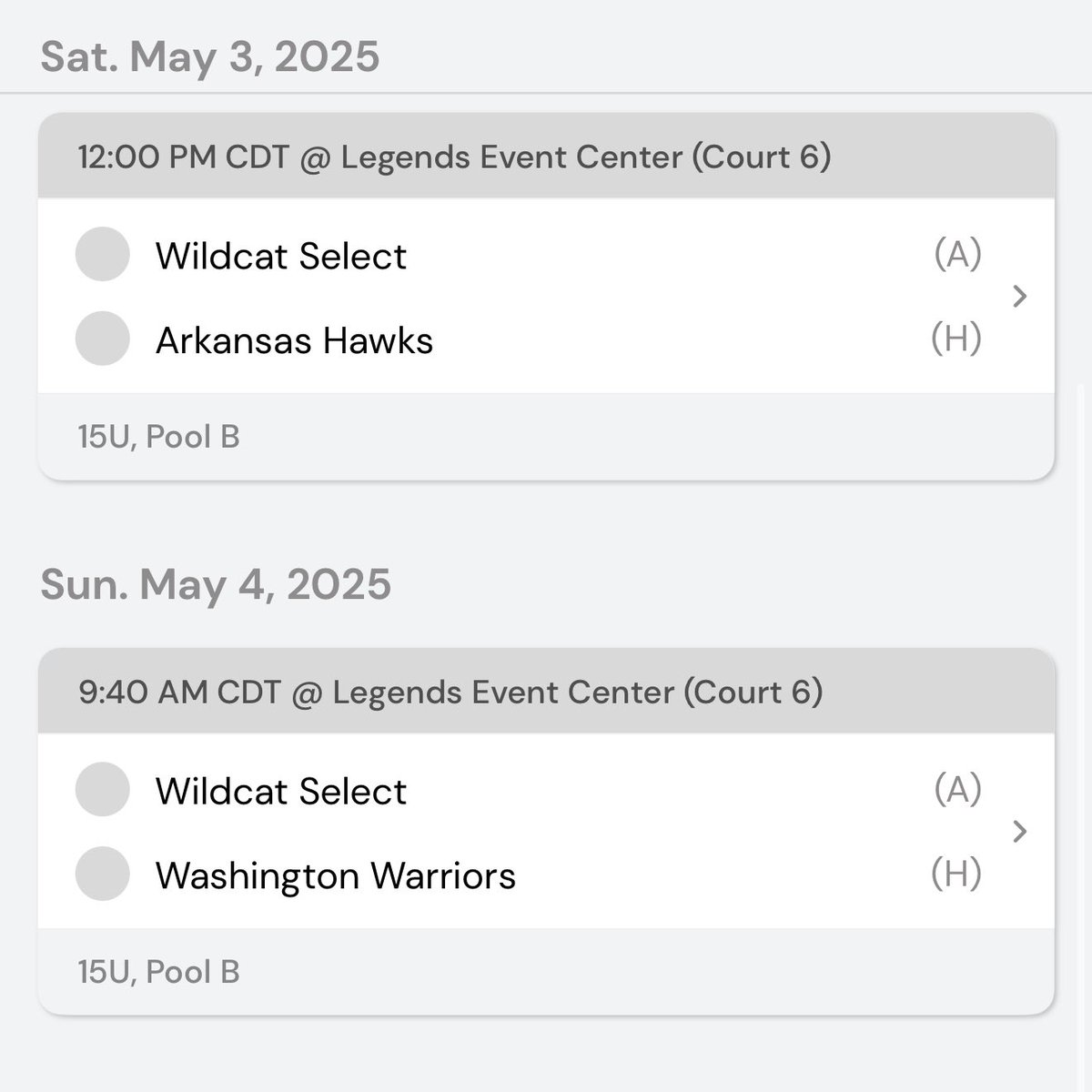 My schedule for session 1 of the 3SSB Circuit in Bryan Texas this weekend #WildcatFam