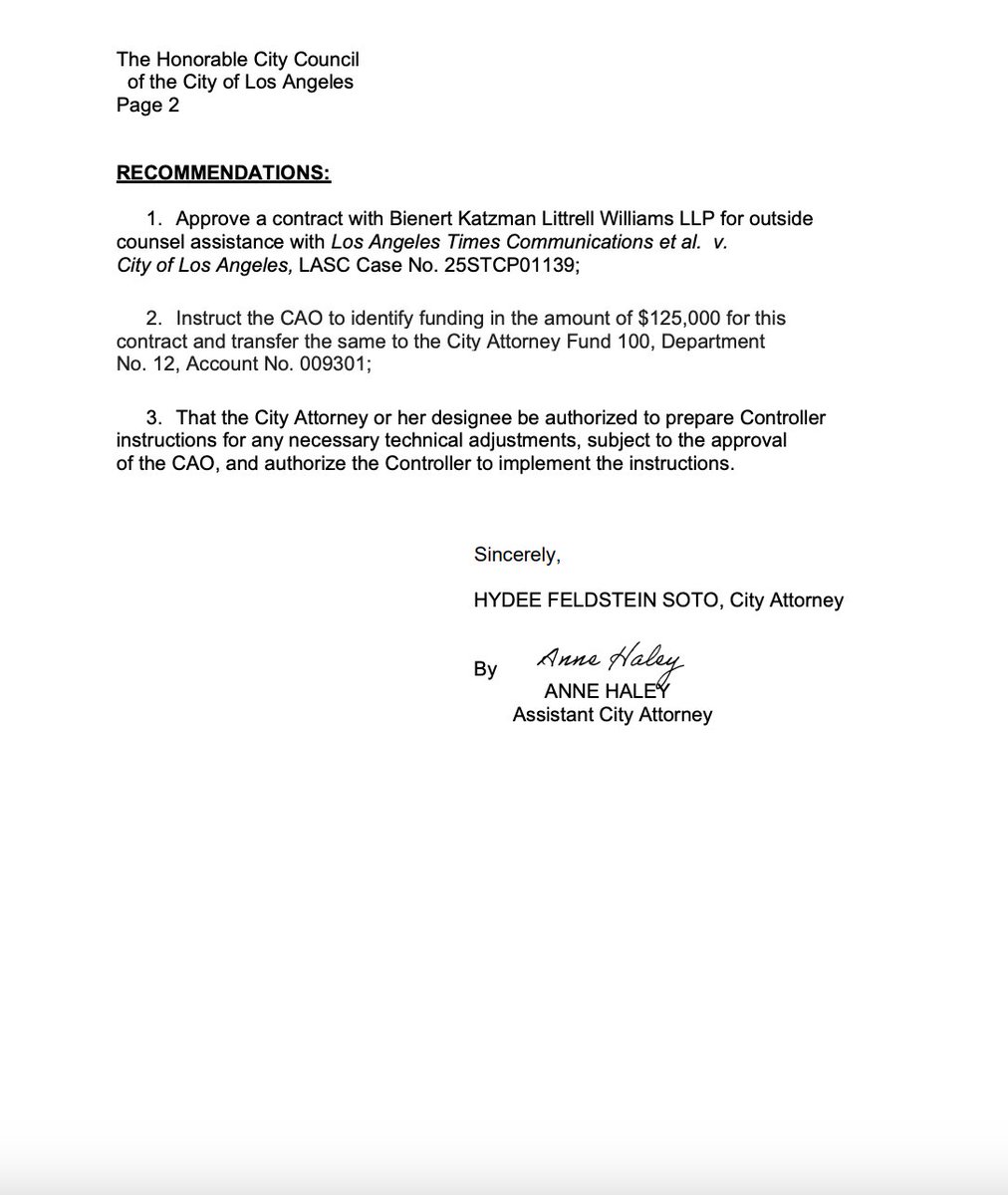 The item above still hasn't gotten a hearing, but the City Attorney is asking for $125k to hire outside counsel to defend the city vs. the LA Times CPRA lawsuit over the Mayor's text messages.