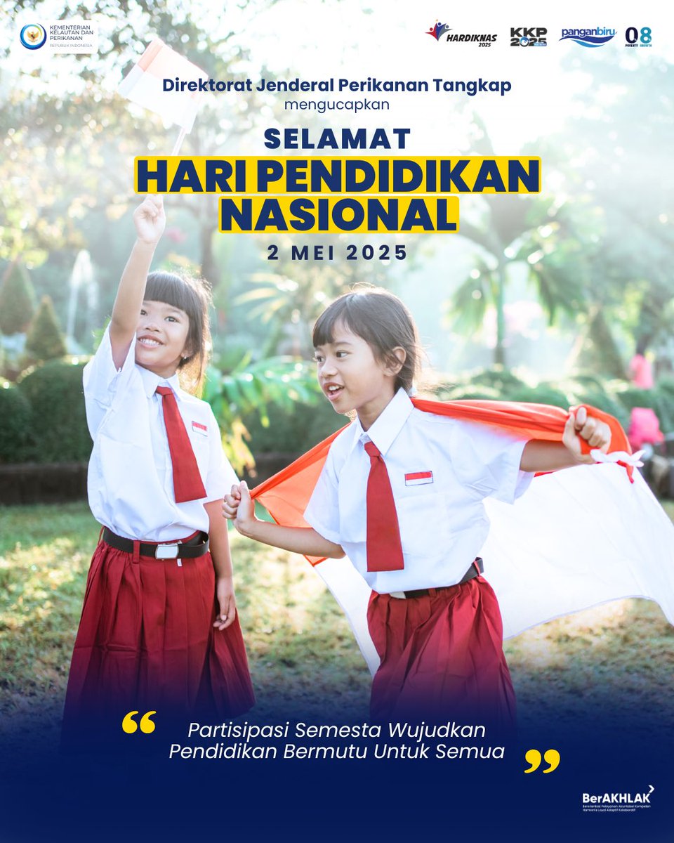#SahabatBahari, Selamat Hari Pendidikan Nasional 2025. Mari kita jadikan pendidikan sebagai tonggak utama kemajuan bangsa dan pembentuk karakter generasi masa depan.

Partisipasi Semesta Wujudkan Pendidikan Bermutu Untuk Semua.

#PanganBiru #2025KKPRiseTogether