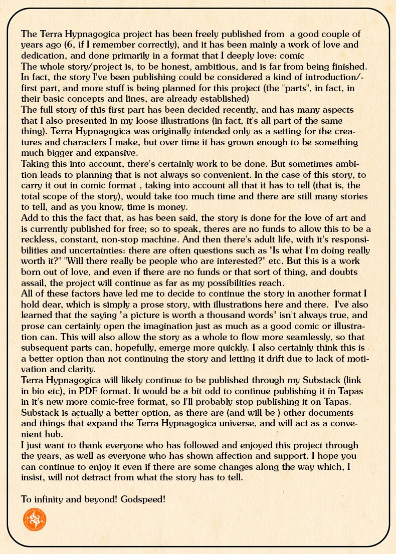 codexnoirmatic's tweet image. New pages of my story Terra Hypnagogica
Link: tapas.io/episode/3520598
Here concludes Chapter 11 of the story, "The Obzantel Triumvirate". For those that follow this project: next chapter will mark a new era for Terra Hypnagogica; attached, a text explaining the reasons.