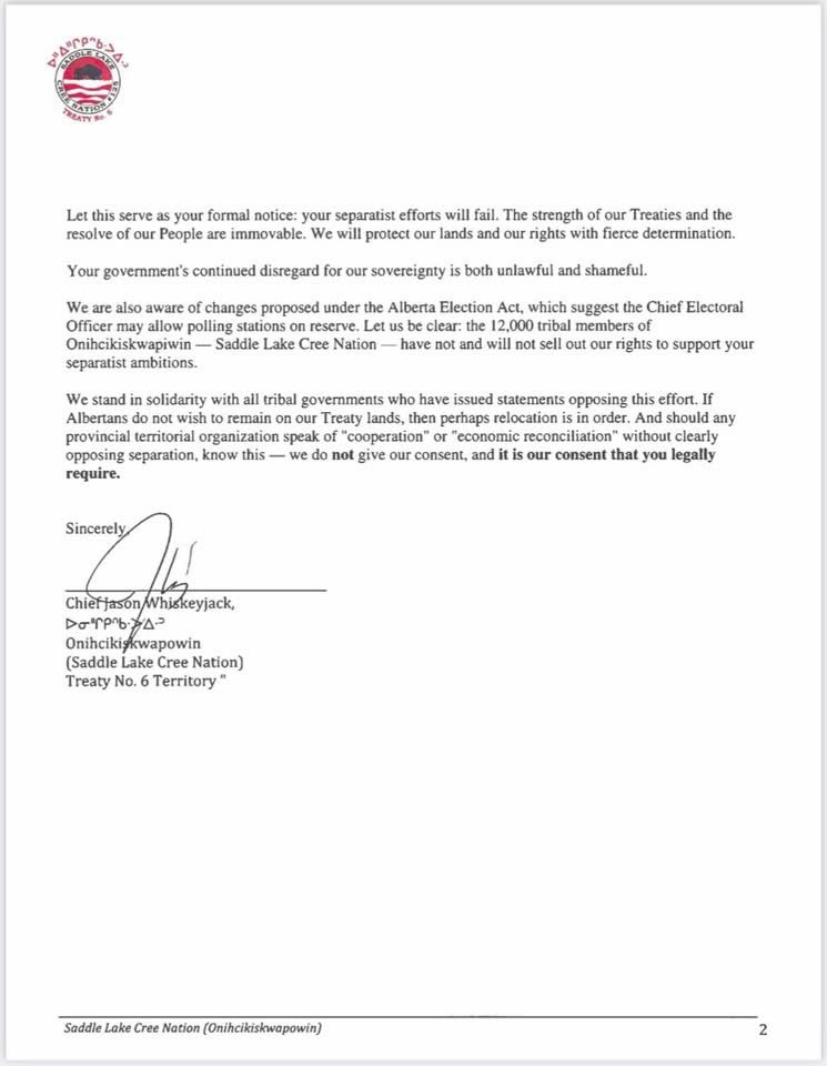 “Let this serve as your formal notice: your separatist efforts will fail. The strength of our Treaties and the resolve of our People are immovable. We will protect our lands and our rights with fierce determination.”

Saddle Lake Cree Nation would like a word with The premier.