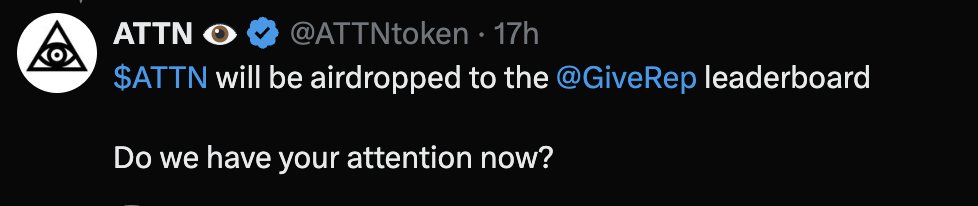 Wizard Airdrops πͺ (@devonmmurray) on Twitter photo π¨ First Airdrop Confirmed for <a href="/GiveRep/">GiveRep</a> Users! πͺ
The <a href="/ATTNtoken/">ATTN ποΈ</a> airdrop is officially happening for active users on the GiveRep leaderboard!
Sui's co-founder even chimed in with: βYouβve got my attention.β β big signal itβs time to start farming π§
β
All you need to do: π¨ First Airdrop Confirmed for <a href="/GiveRep/">GiveRep</a> Users! πͺ
The <a href="/ATTNtoken/">ATTN ποΈ</a> airdrop is officially happening for active users on the GiveRep leaderboard!
Sui's co-founder even chimed in with: βYouβve got my attention.β β big signal itβs time to start farming π§
β
All you need to do: