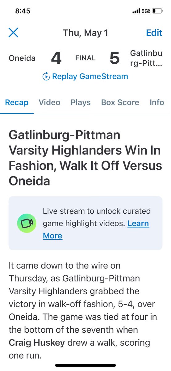 Gatlinburg-Pittman Baseball (@gphs__baseball) on Twitter photo Win #16. Walk off over Oneida in the bottom of the 7th. 5-4 Highlanders.
<a href="/GPHSSports/">Gatlinburg-Pittman Athletics</a>
<a href="/GPHSHighlanders/">Gatlinburg-Pittman</a> Win #16. Walk off over Oneida in the bottom of the 7th. 5-4 Highlanders.
<a href="/GPHSSports/">Gatlinburg-Pittman Athletics</a>
<a href="/GPHSHighlanders/">Gatlinburg-Pittman</a>