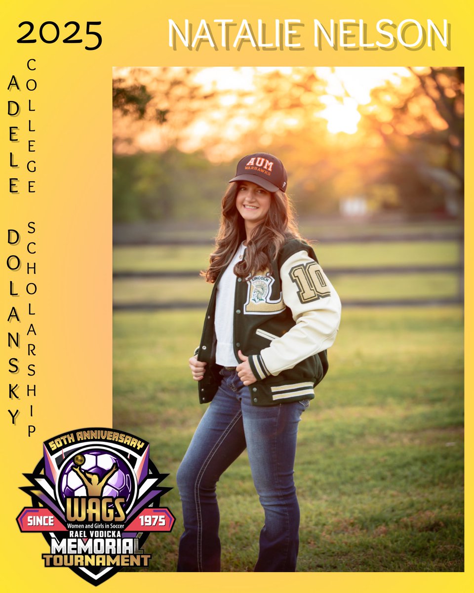 WAGS Tournament Adele Dolansky Scholarship recipient! 
Meet Natalie Nelson! 
Natalie played for USL Pre-Professional - TLH Reckoning - Tallahassee, Florida and will be continuing her journey this fall at Auburn University at Montgomery. 
Congratulations Natalie! 
#WAGS50YearsGold