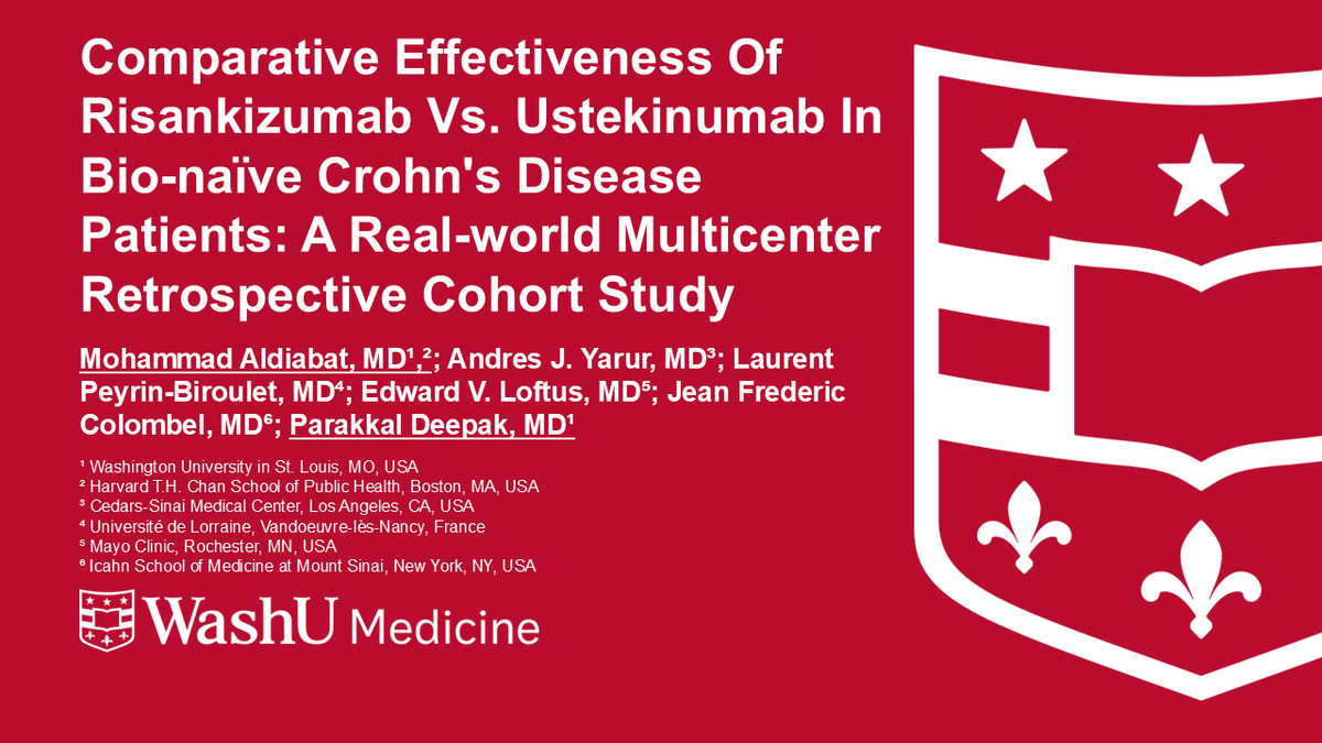 Mohammad Aldiabat, MD (@drdiabat) on Twitter photo 🌟Excited to deliver an oral presentation at #DDW2025 on our real-world study comparing Risankizumab vs Ustekinumab in bio-naïve Crohn’s disease.
🗓️ Join us May 3, 10:00 AM
Grateful to <a href="/P_DeepakIBDMD/">Parakkal Deepak MD, MS, FACG</a> for his mentorship & support throughout!!
<a href="/WashUMedGastro/">WashU Medicine Division of Gastroenterology</a> <a href="/WashUMedIBD/">WashU Medicine Inflammatory Bowel Disease Center</a> 🌟Excited to deliver an oral presentation at #DDW2025 on our real-world study comparing Risankizumab vs Ustekinumab in bio-naïve Crohn’s disease.
🗓️ Join us May 3, 10:00 AM
Grateful to <a href="/P_DeepakIBDMD/">Parakkal Deepak MD, MS, FACG</a> for his mentorship & support throughout!!
<a href="/WashUMedGastro/">WashU Medicine Division of Gastroenterology</a> <a href="/WashUMedIBD/">WashU Medicine Inflammatory Bowel Disease Center</a>