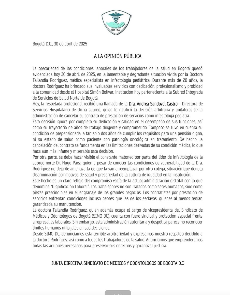 Inconcebible que <a href="/SubRedNorte/">Subred Norte ESE</a> en Bogotá este persiguiendo medicos especialistas que además gozan de protección especial Constitucional por ser líderes y dirigentes sindicales. Todas las acciones ante la arbitrariedad
