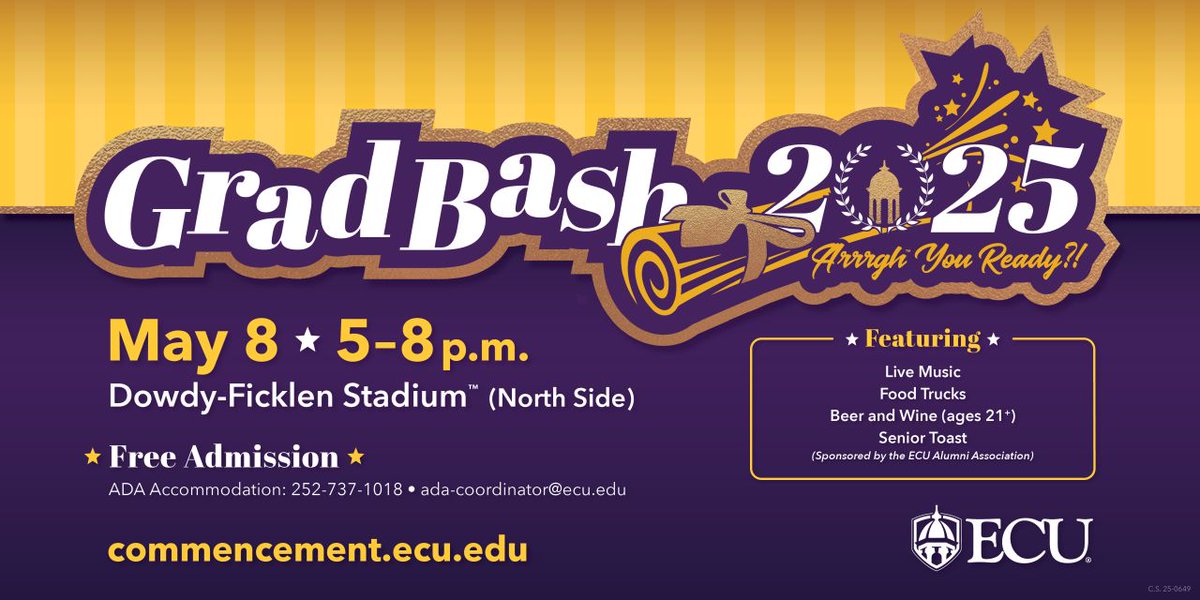 ECU (@eastcarolina) on Twitter photo We're ready to celebrate you, #ECU25 🎉
#ARRRGH annual GradBash event is one week from today!
Get the details ➡️ commencement.ecu.edu/gradbash/ We're ready to celebrate you, #ECU25 🎉
#ARRRGH annual GradBash event is one week from today!
Get the details ➡️ commencement.ecu.edu/gradbash/