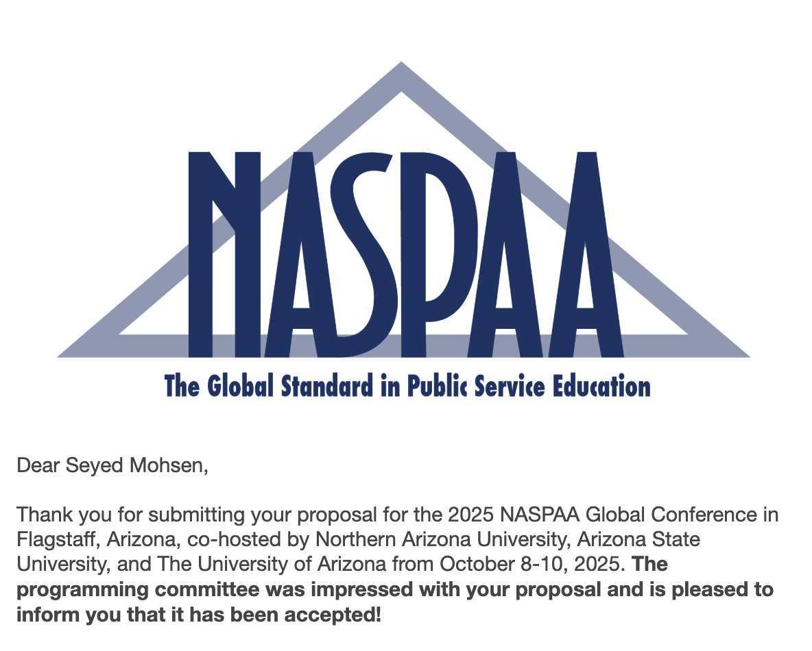 S. Mohsen Fatemi (@mohsenfatemiii) on Twitter photo π Excited to share my research at the 2025 NASPAA Global Conference in Flagstaff, Arizona, co-hosted by Northern Arizona University, Arizona State University, and the University of Arizona from October 8-10, 2025.
π Paper: A pathway toward activating social equity in public π Excited to share my research at the 2025 NASPAA Global Conference in Flagstaff, Arizona, co-hosted by Northern Arizona University, Arizona State University, and the University of Arizona from October 8-10, 2025.
π Paper: A pathway toward activating social equity in public