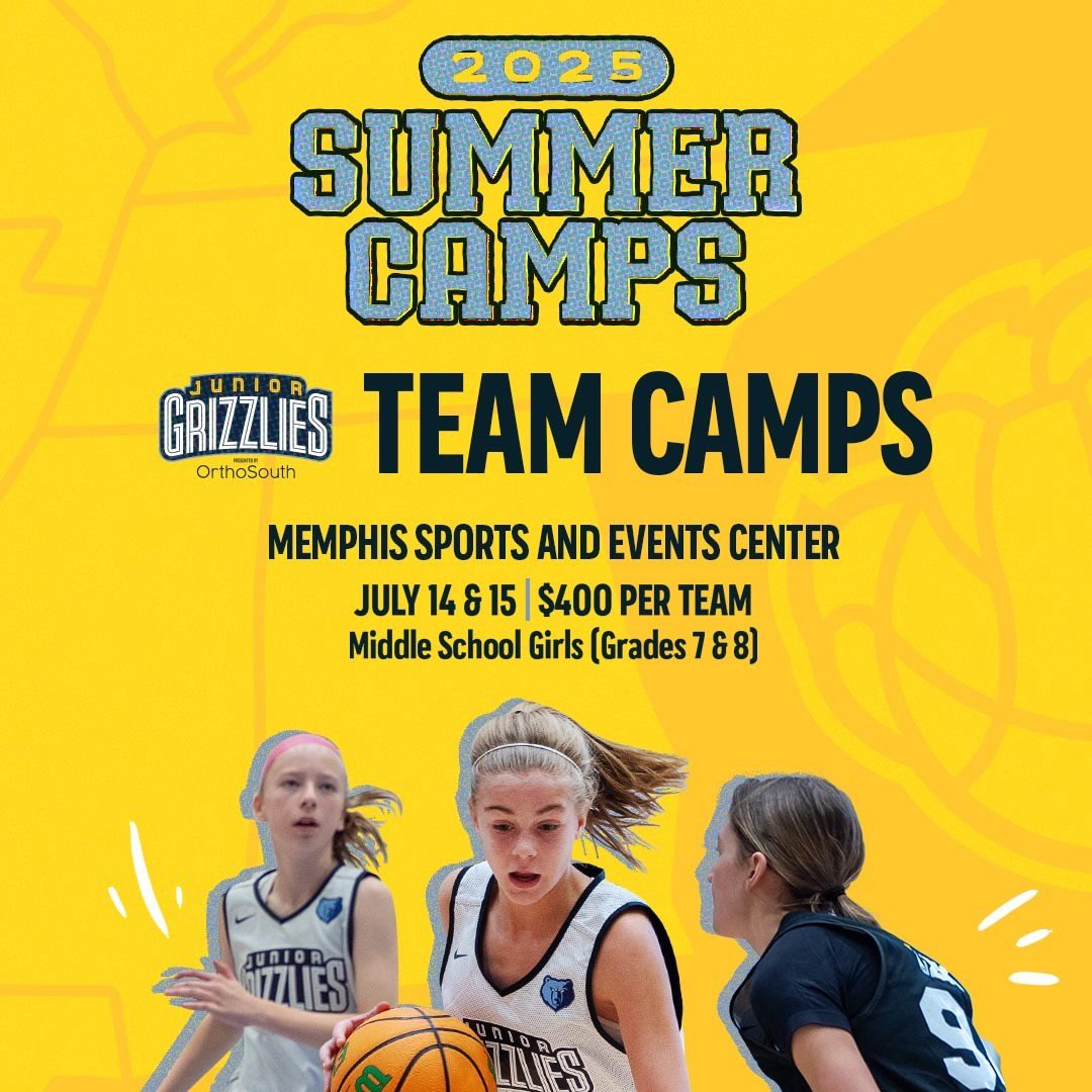 𝐓𝐡𝐞 𝐉𝐮𝐧𝐢𝐨𝐫 𝐆𝐫𝐢𝐳𝐳𝐥𝐢𝐞𝐬 𝐆𝐢𝐫𝐥𝐬 𝐓𝐞𝐚𝐦 𝐂𝐚𝐦𝐩 𝐢𝐬 𝐛𝐚𝐜𝐤!

📍 Memphis Sports &amp; Events Center
🗓️ July 14-15
📚 7th &amp; 8th grade 
🏀 Minimum 7 games
🏆 Single elimination tourney for a trophy + Grizzlies tickets

👉 Sign up now: bit.ly/44kCyWa
