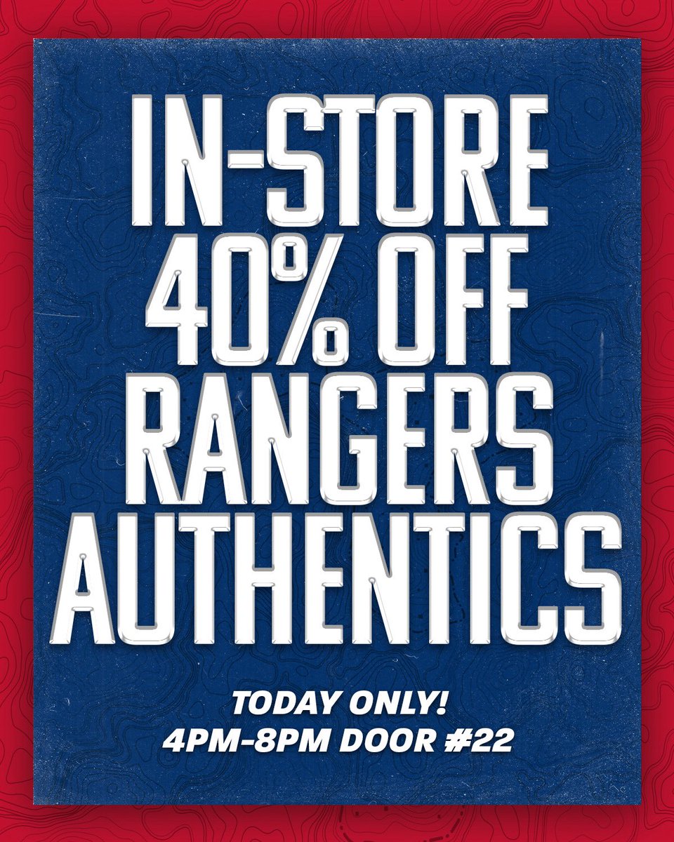 OHLRangers's tweet photo. RANGERS AUTHENTICS SALE ‼️
40%-OFF regularly priced items only. Items already on sale will not qualify for this discount. This sale is for TONIGHT ONLY in store until 8:00 p.m. Use Door #22 for entry.
#RTown | #BattleBound https://t.co/v49ZcVrJ13