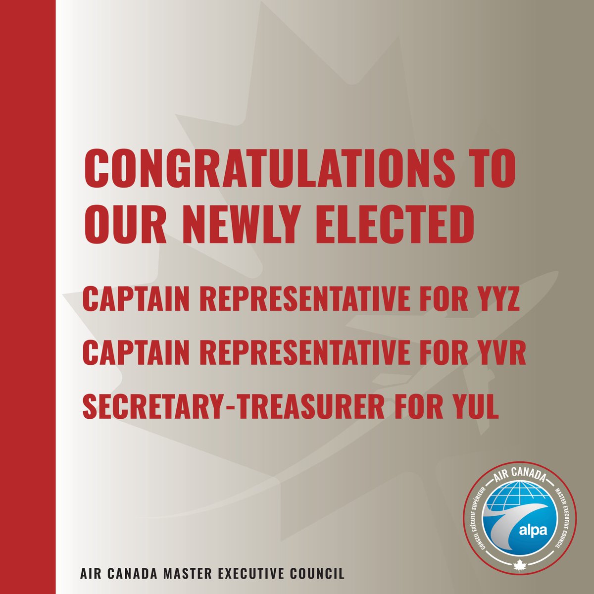 Congratulations to Capt. Dave Darby for being elected as YYZ LEC Captain Rep. and Capt. Mike Gibson for being elected as YVR LEC Captain Rep. 
 
We would also like to congratulate First Officer Patrick Silva for being elected as the YUL LEC Secretary-Treasurer.