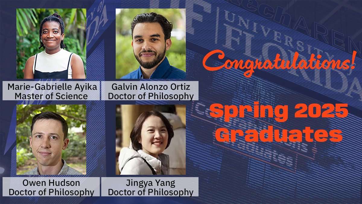 Congratulations to our Spring 2025 Graduates!

PhD. graduates Owen Hudson, Galvin Alonzo Ortiz and Jingya Yang, and Masters of Science graduate Marie-Gabrielle Ayika
