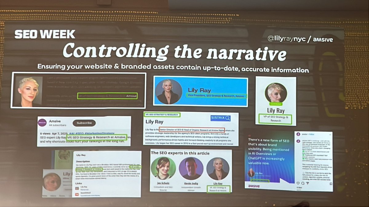 Ensure information is consistent everywhere 

— <a href="/lilyraynyc/">Lily Ray 😏</a> #seoweek