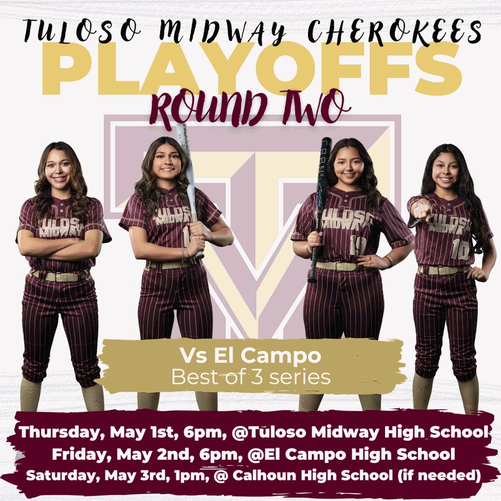 🥎GAME DAY🥎 

T-M vs. EL CAMPO (AREA PLAYOFF ROUND)
📍 @HOME (Cherokee Softball Field)
⏰ 6:00pm
🎟️ athletics.tmisd.us/event-tickets 

Cherokee Fans and Supporters come out and fill up the stands tonight to cheer on your Cherokees!!!!