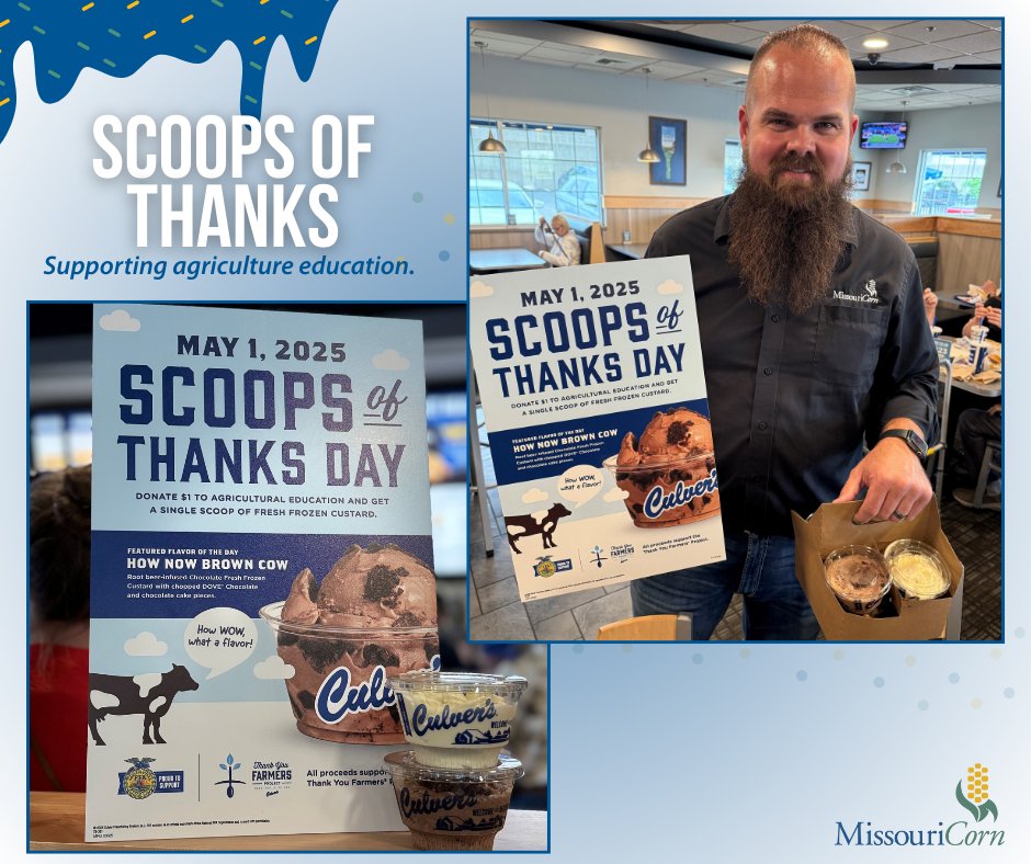 MissouriCorn's tweet photo. What's better than enjoying ice cream? Enjoying ice cream AND supporting agriculture education! Join us in celebrating #ScoopsofThanks Day by visiting @Culvers today. Donate a $1 to FFA while you're there and get a free scoop of ice cream. We call that a win-win. π¨ https://t.co/AcMVko3P0a