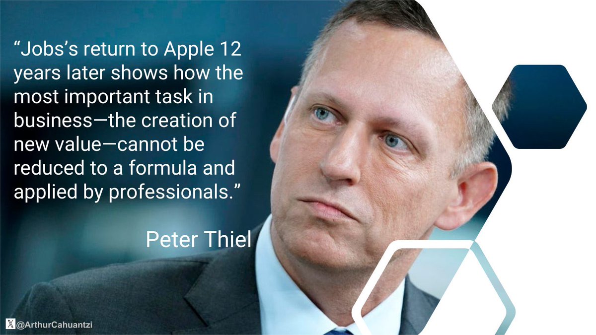 “El regreso de Jobs a Apple 12 años después muestra cómo la tarea más importante en los negocios, la creación de nuevo valor, no puede reducirse a una fórmula y ser aplicada por profesionales.” <a href="/peterthiel/">Peter Thiel</a> 

De <a href="/ArthurCahuantzi/">Arthur Cahuantzi</a> 

Cc. <a href="/yoemprendo/">Jose A. de Miguel</a> 
<a href="/Recuenco/">Javier G. Recuenco</a> <a href="/Manuel_Juanes/">Manuel Juanes</a>