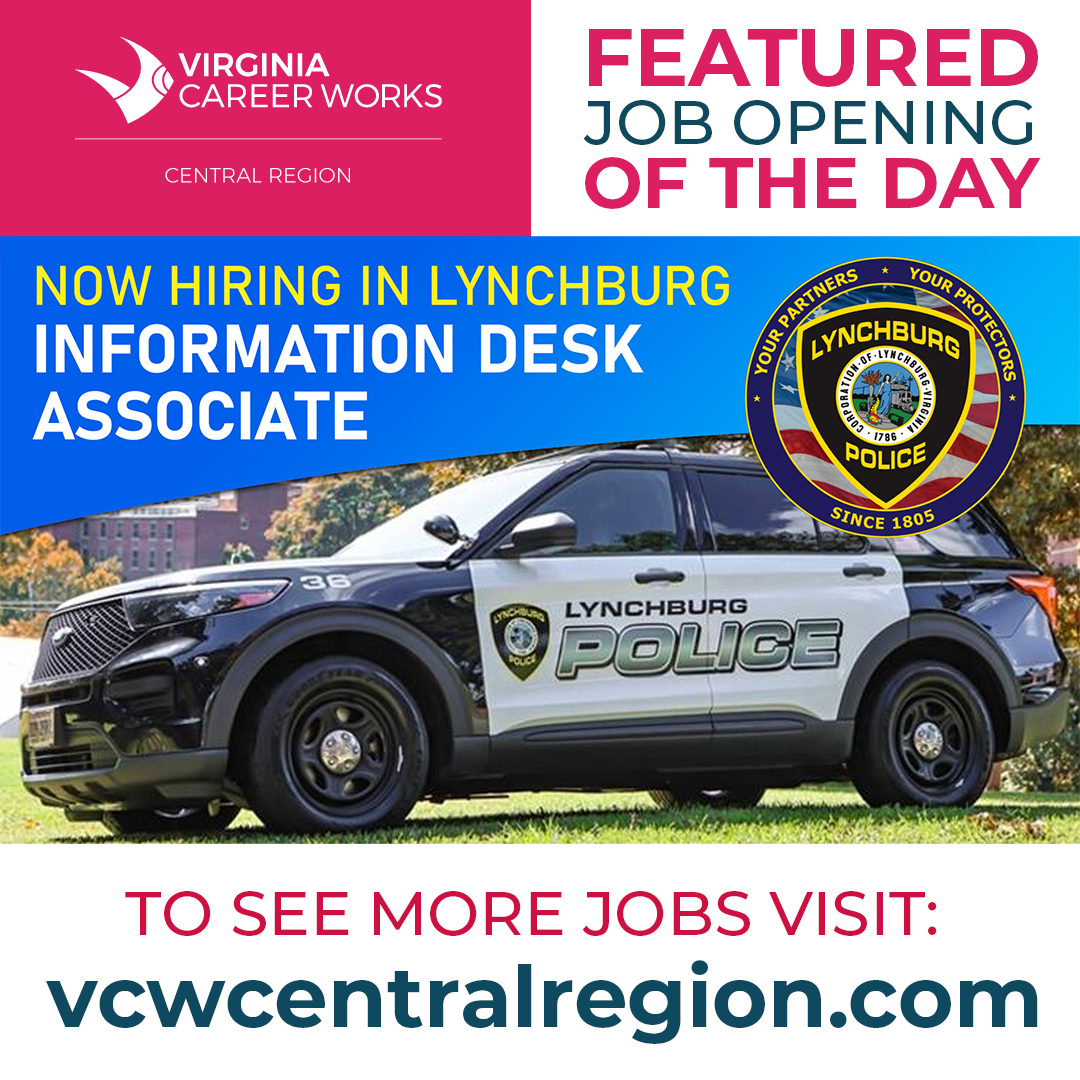 Virginia Career Works - Central Region (@vcwcentral) on Twitter photo SALARY STARTING AT $39,520/YEAR: <a href="/lynchburggov/">City of Lynchburg</a> is #hiring a full-time Information Desk Associate for <a href="/LynchburgPolice/">Lynchburg Police</a>. High school diploma/GED required with 1 yr of general administrative support or related work experience. Apply at: governmentjobs.com/jobs/4921460-0… SALARY STARTING AT $39,520/YEAR: <a href="/lynchburggov/">City of Lynchburg</a> is #hiring a full-time Information Desk Associate for <a href="/LynchburgPolice/">Lynchburg Police</a>. High school diploma/GED required with 1 yr of general administrative support or related work experience. Apply at: governmentjobs.com/jobs/4921460-0…