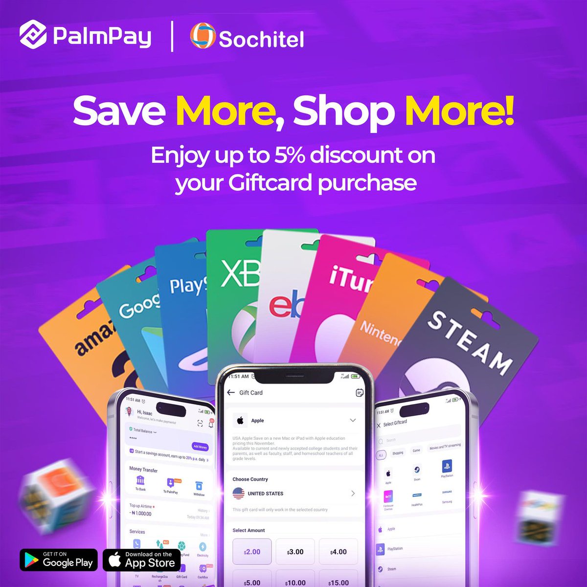 The biggest Gift Card promo is live on PalmPay!!

New users enjoy up to 5% off, while daily users get 1% off every day from April 14 – July 14.


Start saving 👉 bit.ly/GiftCardPalmPay
 #PalmPayGiftCard