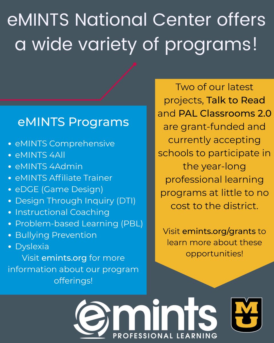 eMINTS offers more than professional learning to integrate educational technology best practices. We provide engaging, interactive experiences that model best practices in teaching. Learn about our latest projects by visiting emints.org/grants #emints #PD
