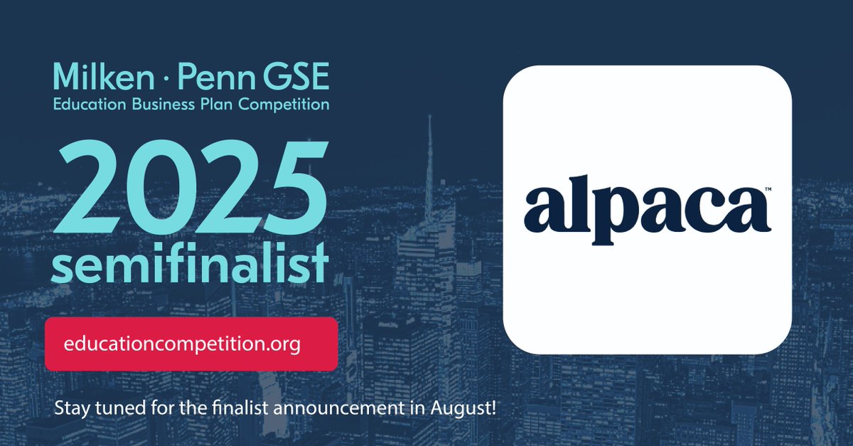 We’re in! 🎉 Alpaca is a semifinalist in the 2025 #MilkenPennGSE Ed Biz Plan Competition through <a href="/PennGSE/">Penn GSE</a>! We're excited to join the <a href="/CatalystPennGSE/">Catalyst @ Penn GSE</a> accelerator + sharpen our story, product, and impact for schools. Let’s go!

Learn more: educationcompetition.org
#EdTechInnovation