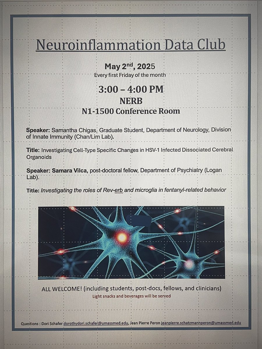 neuroimmune_usp's tweet image. Yes its time! Hello #neuroimmunology enthusiasts from @UMassChan ! Our next Neuroinflammation data club is tomorrow. More great science and great people ! See you there ! 🤓🙏 @SchaferLabUMass