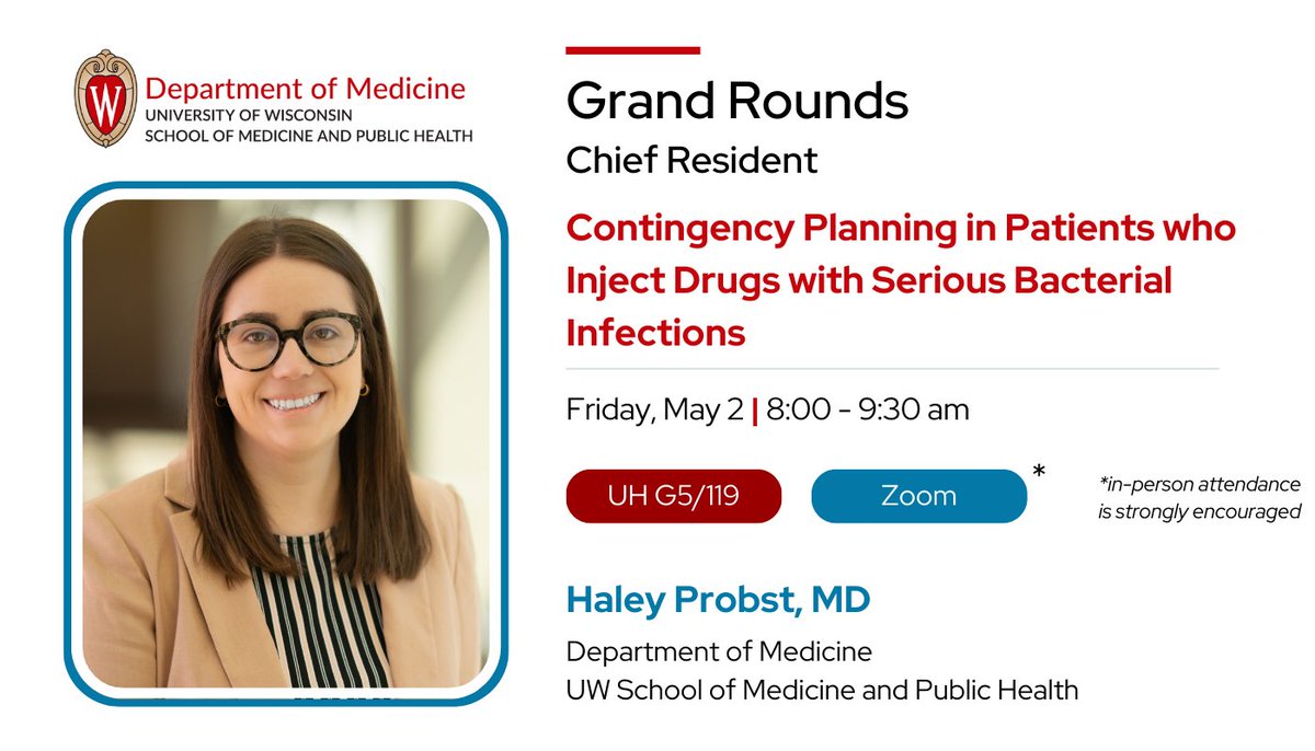 University of Wisconsin Department of Medicine (@uw_medicine) on Twitter photo Tomorrow's Grand Rounds features our second Chief Resident, Dr. Haley Probst, <a href="/uw_IMresidency/">UW IM Residency</a>, for "Contingency Planning in Patients who Inject Drugs with Serious Bacterial Infections." Join us!
Details: medicine.wisc.edu/grand-rounds Tomorrow's Grand Rounds features our second Chief Resident, Dr. Haley Probst, <a href="/uw_IMresidency/">UW IM Residency</a>, for "Contingency Planning in Patients who Inject Drugs with Serious Bacterial Infections." Join us!
Details: medicine.wisc.edu/grand-rounds