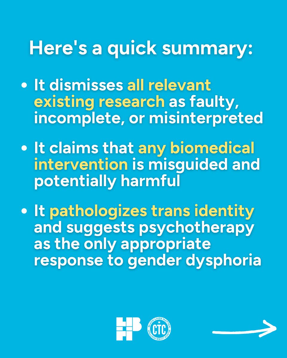 howardbrownhc's tweet photo. This report seeks to discredit decades of vital research and practice, intimidate providers of this care, and assert that trans and gender diverse identity in youth is akin to a mental illness to be treated. 2/3 https://t.co/pGHMiUZTAK