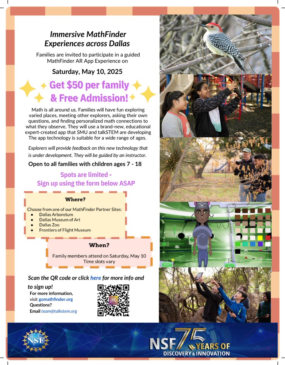 talkSTEM (@talkingstem) on Twitter photo Join us on May 10th for a very special opportunity to experience the MathFinder app on the 75th anniversary of <a href="/NSF/">U.S. National Science Foundation</a> (National Science Foundation)!
We'll be celebrating with our partner sites: <a href="/dallasarboretum/">Dallas Arboretum</a>, <a href="/DallasMuseumArt/">Dallas Museum of Art</a>, <a href="/DallasZoo/">Dallas Zoo</a> , and <a href="/FrontofFlight/">Frontiers of Flight Museum</a>.
Spots are Join us on May 10th for a very special opportunity to experience the MathFinder app on the 75th anniversary of <a href="/NSF/">U.S. National Science Foundation</a> (National Science Foundation)!
We'll be celebrating with our partner sites: <a href="/dallasarboretum/">Dallas Arboretum</a>, <a href="/DallasMuseumArt/">Dallas Museum of Art</a>, <a href="/DallasZoo/">Dallas Zoo</a> , and <a href="/FrontofFlight/">Frontiers of Flight Museum</a>.
Spots are