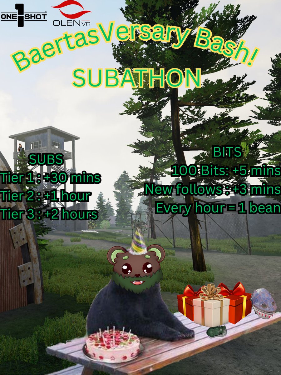 IT’S MAY!! BaertasVersary Bash!! 
Kicking things off with a SUBATHON starting Friday, May 2 @ 12PM!  Starts with 16hrs, can go up to 2 weeks!
 Pies, BeanBoozled, maybe surprises too
See you there!! #Subathon #TwitchAnniversary #BirthdayStream #1shotEnergy #olenVR #RealityRifter