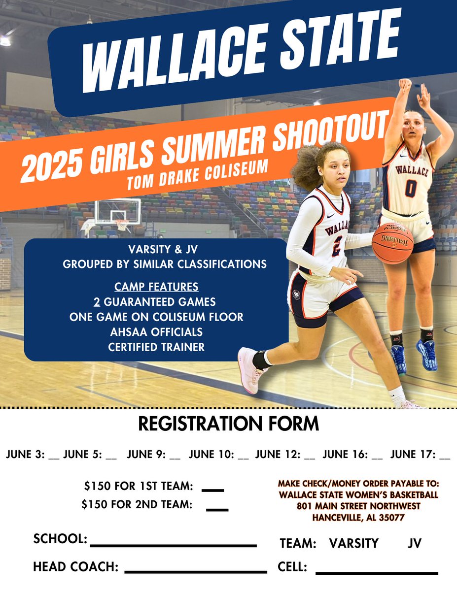 Wallace State Women’s Basketball (@wallacestatewbb) on Twitter photo Team Camp Dates are filling up fast! Email toni.west@wallacestate.edu to sign up.
**June 12 is full Team Camp Dates are filling up fast! Email toni.west@wallacestate.edu to sign up.
**June 12 is full