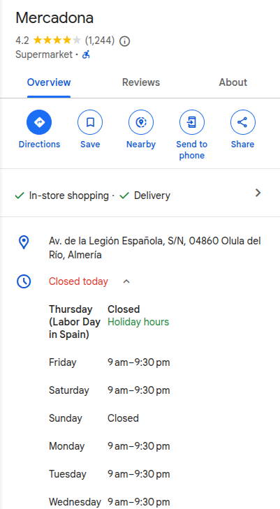Well, 1st of May nearly over. International labour day. When the working people are meant to celebrate.
The hours of my local branches of Mercadona, Lidl &amp; Aldi here in Spain are below.
How many supermarkets in the UK were closed today, none I bet.
Also, all closed on a Sunday