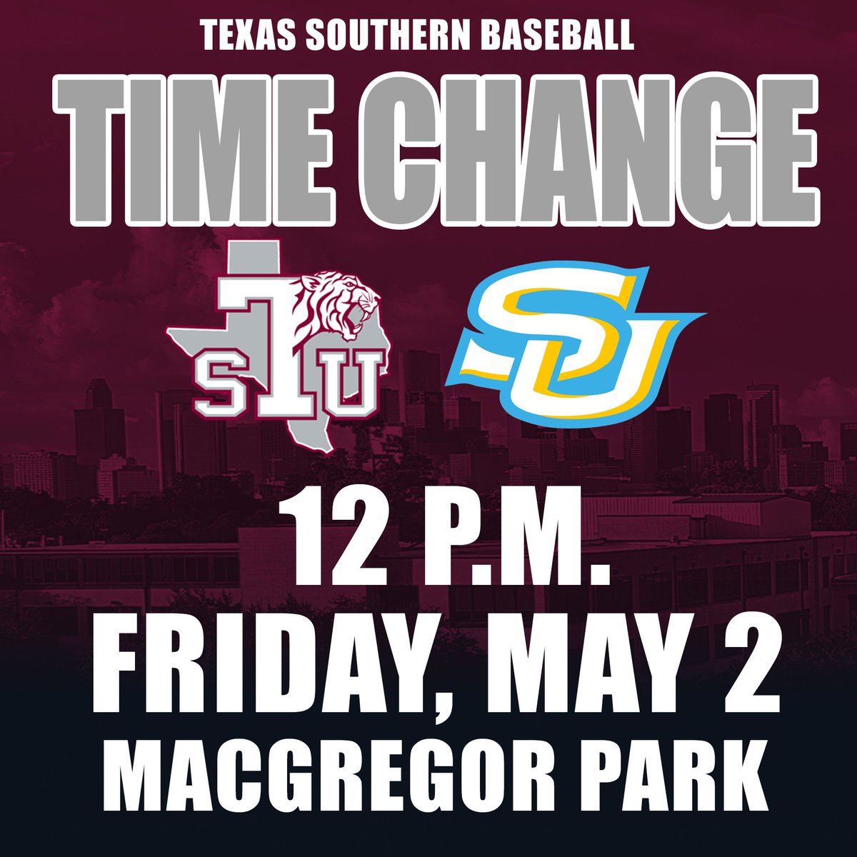 Texas Southern University (TSU) Athletics (@txsotigers) on Twitter photo Due to expected inclement weather <a href="/TXSOBASEBALL/">Texas Southern Baseball</a> will host <a href="/southernubsb/">Southern Jaguars Baseball</a> Friday @ 12 p.m. at MacGregor Park in Houston! Due to expected inclement weather <a href="/TXSOBASEBALL/">Texas Southern Baseball</a> will host <a href="/southernubsb/">Southern Jaguars Baseball</a> Friday @ 12 p.m. at MacGregor Park in Houston!