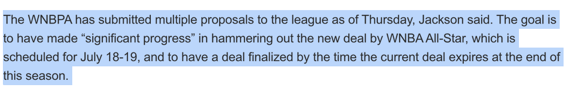 Jackie Powell (she/her) (@classicjpow) on Twitter photo Via <a href="/madkenney/">Madeline Kenney</a>'s story about the current state of the #WNBA's CBA negotiations:
The WNBPA has a goal of having the new deal mostly hammered out by #WNBAAllStar in mid July and then finalizing the deal before the current CBA expires on October 31. Via <a href="/madkenney/">Madeline Kenney</a>'s story about the current state of the #WNBA's CBA negotiations:
The WNBPA has a goal of having the new deal mostly hammered out by #WNBAAllStar in mid July and then finalizing the deal before the current CBA expires on October 31.