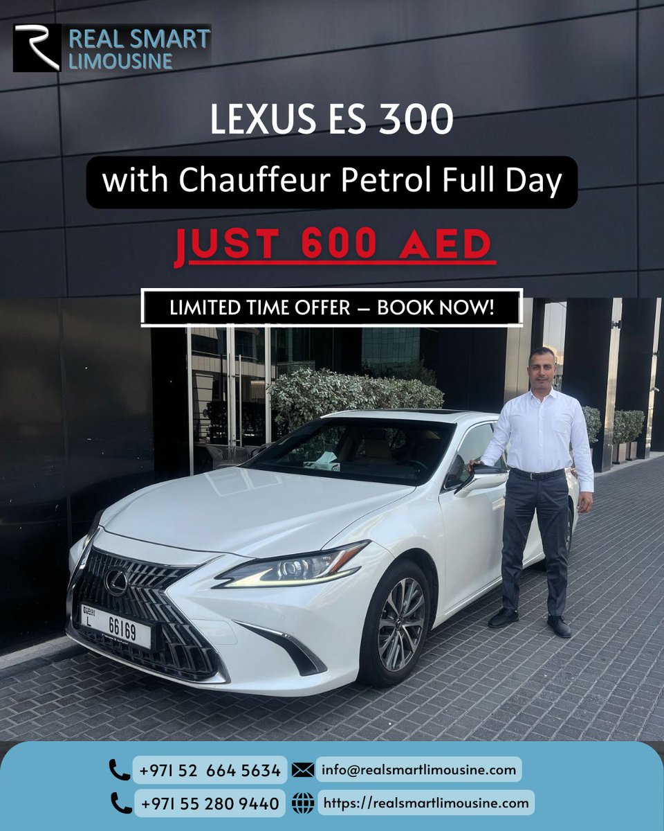 rslimousineLLC's tweet image. Enjoy a full day with a Lexus ES 300, including a chauffeur and petrol, for just AED 600!

Only a few slots left — book now!
Call: +971 52 664 5634 | +971 55 280 9440

#lexuses300 #dubailimousine #luxurycardubai #chauffeurdubai #viptransport #executiveride #fullservicetransport