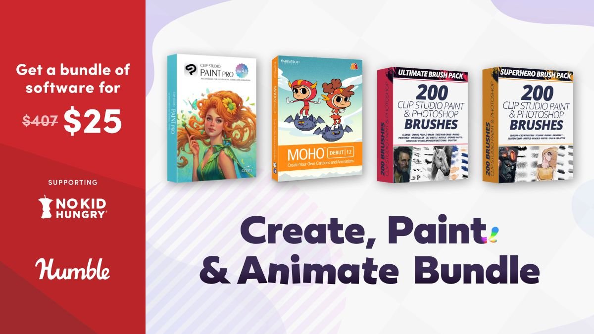Humble Bundle (@humble) on Twitter photo Whether you're looking to create comics and manga or design beautiful illustrations, the Create, Paint, and Animate bundle is here to help!
Get a 12-month license to Clip Studio Paint Pro Version 4.0, Moho Debut 12.5, and more! Supports <a href="/nokidhungry/">No Kid Hungry</a> | bit.ly/42uV24V Whether you're looking to create comics and manga or design beautiful illustrations, the Create, Paint, and Animate bundle is here to help!
Get a 12-month license to Clip Studio Paint Pro Version 4.0, Moho Debut 12.5, and more! Supports <a href="/nokidhungry/">No Kid Hungry</a> | bit.ly/42uV24V