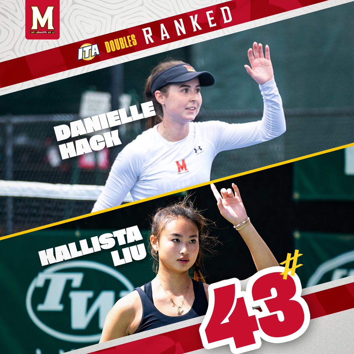 That's a Big Ten tournament bump in the rankings!!!

The Terps move up to No. 53 in <a href="/ITA_Tennis/">ITA</a> team rankings and Danielle Hack and Kallista Liu sit at No. 43 in doubles 👏👏👏

#TerpTennis