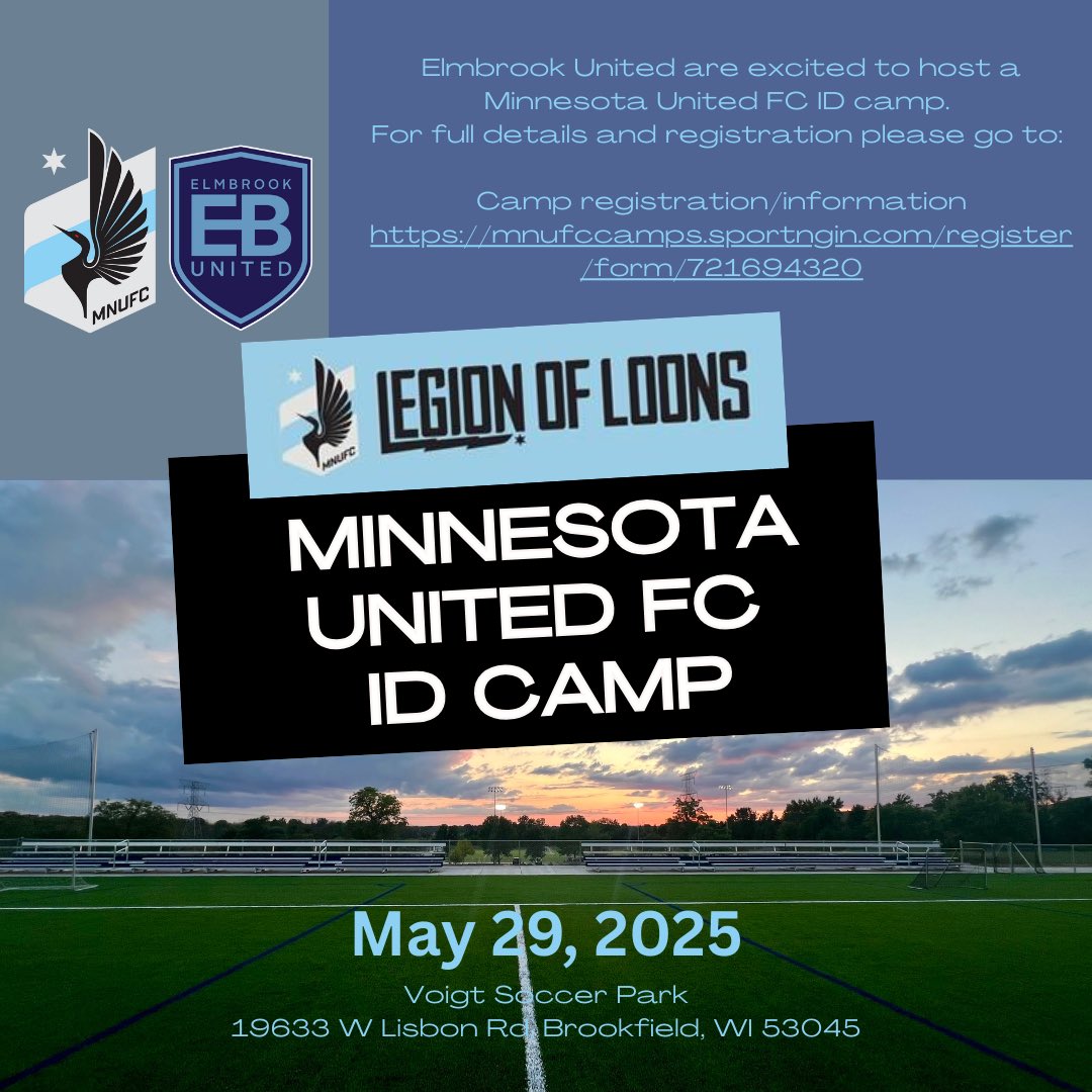 Minnesota United FC ID Camp hosted by Elmbrook United Soccer Club

Elmbrook United are excited to host a Minnesota United ID camp in 2025. For full details and registration please go here: Camp registration – mnufccamps.sportngin.com/register/form/…