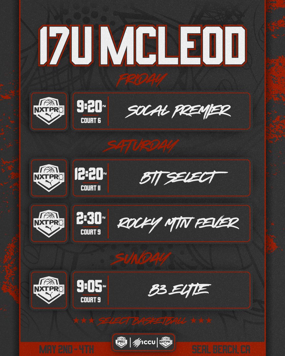 This weekends schedules for our NXT 17U Teams at the <a href="/PRO16League/">PRO16/NXTPRO League</a> event in Seal Beach, California