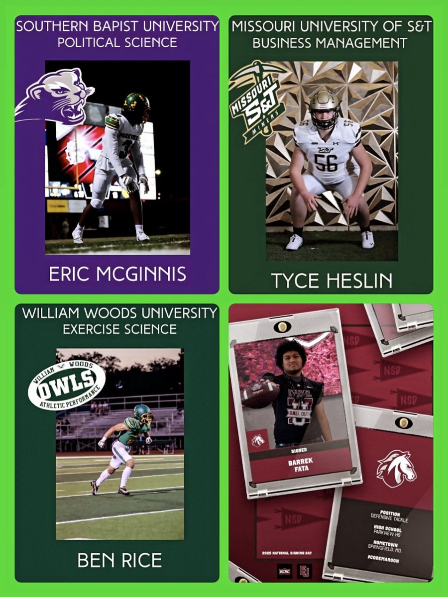 Congrats, Parkiew Football Seniors!!Let's celebrate them for all their hard work and commitment towards building this football program to what it is today! GO VIKINGS 🔰🔰

WR Eric McGinnis - SBU
OL Tyce Heslin - Missouri S&amp;T
DB Ben Rice - William Woods
DL Barrek Fata - Evangel