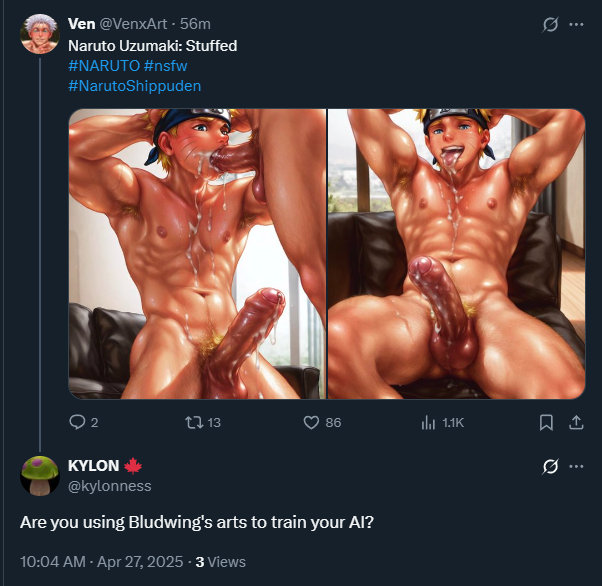Bludwingart's tweet photo. Gotta say I love the uptick of AI art slop accounts, love that they buy interactions, and especially when they primarily use my art/style as the base for their prompts. Love that they take commissions and have p*treons, and have access to more site features there than I do. https://t.co/d7iHqE4HDw