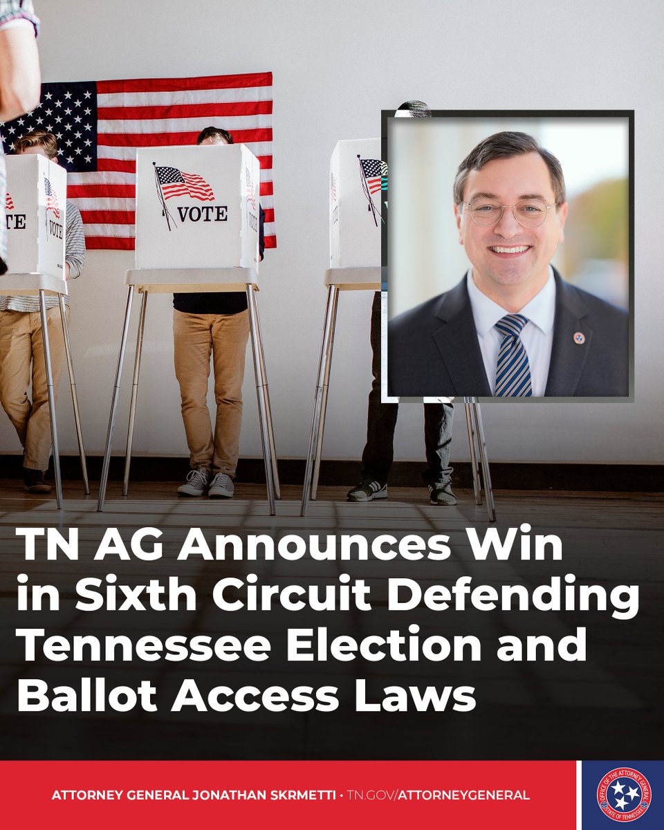 Another win for Tennessee!

The 6th Circuit unanimously affirmed Tennessee's ballot access rules in Darnell v. @TNSecofState.

➡️tn.gov/content/dam/tn…